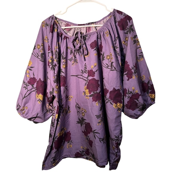 Tops - Plus Size Peasant Blouse Purple Yellow Floral Tie Neck